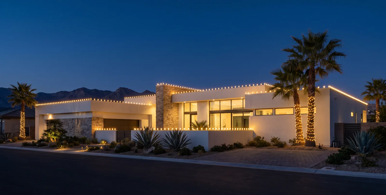 Flat-roofed modern desert home at dusk with C9 bulbs along every parapet and a wrapped palm